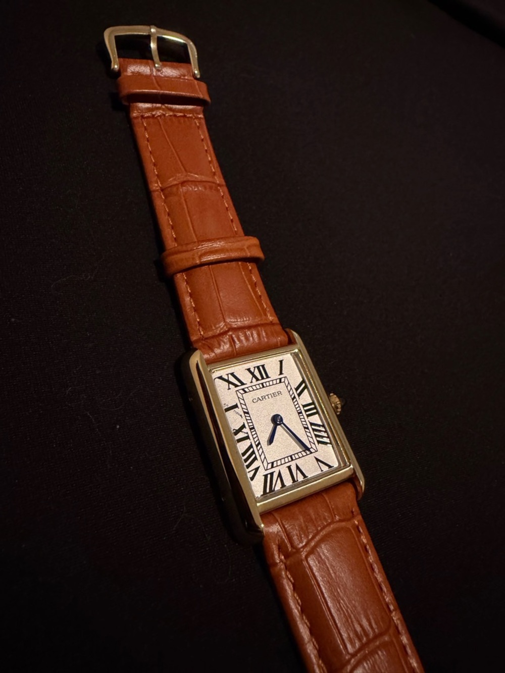 Cartier Gold-Tone Rectangular Watch with Brown Leather Strap